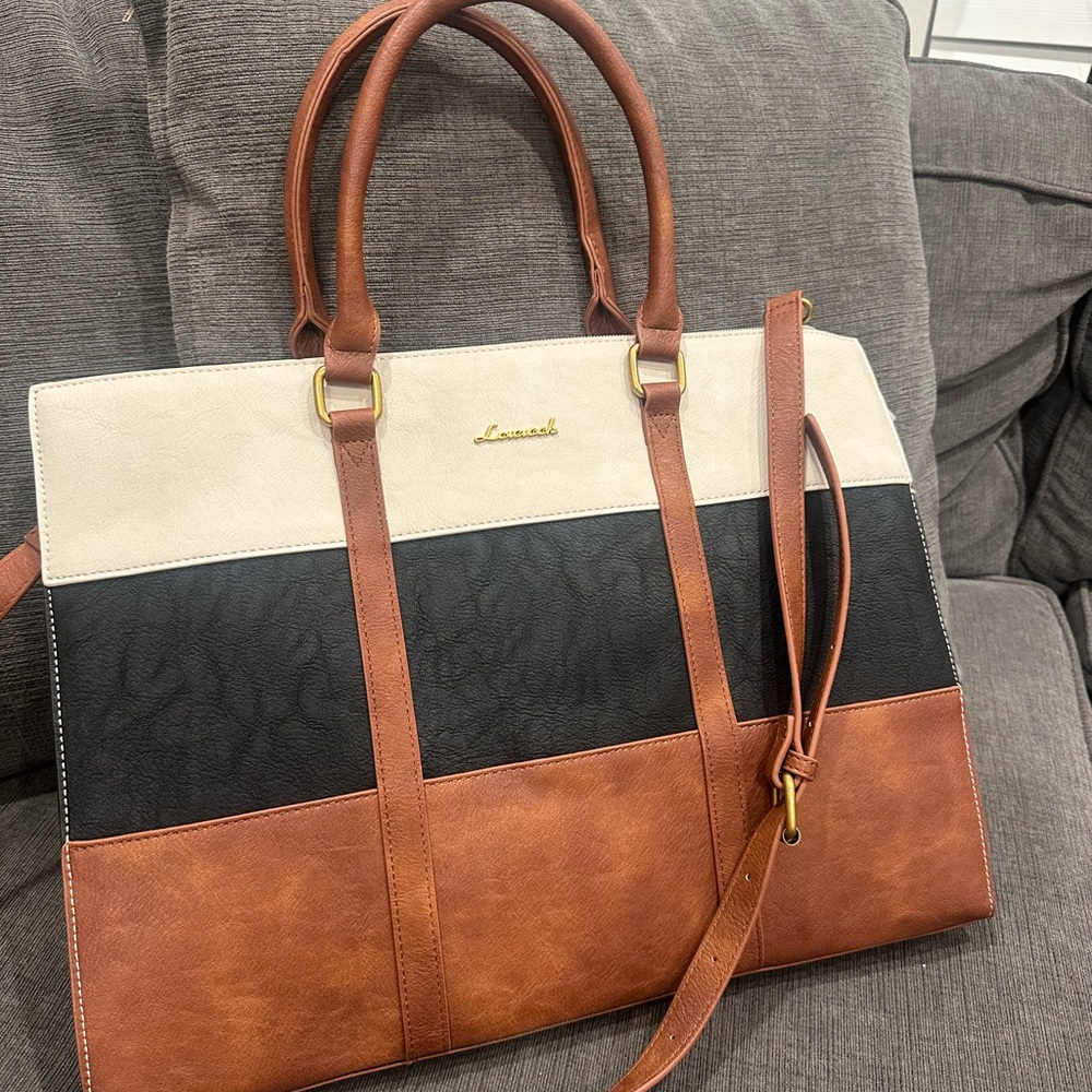 Black and Brown Laptop Bag with Detachable Strap - Picture 1 of 10